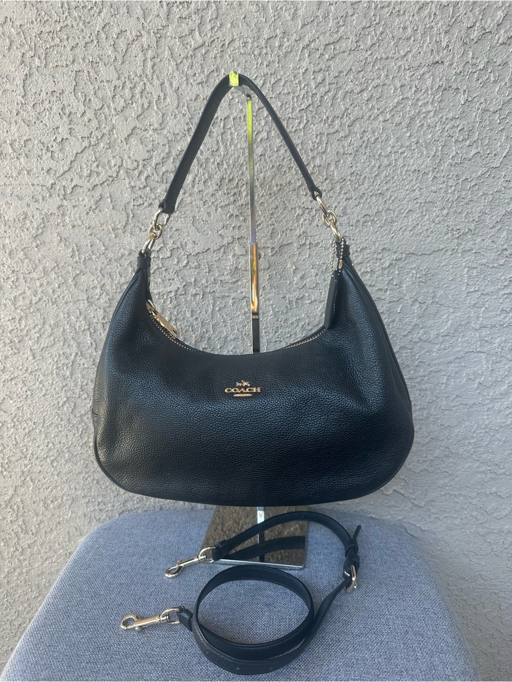 COACH Black Pebbled Leather Shoulder Hobo with Gold Logo